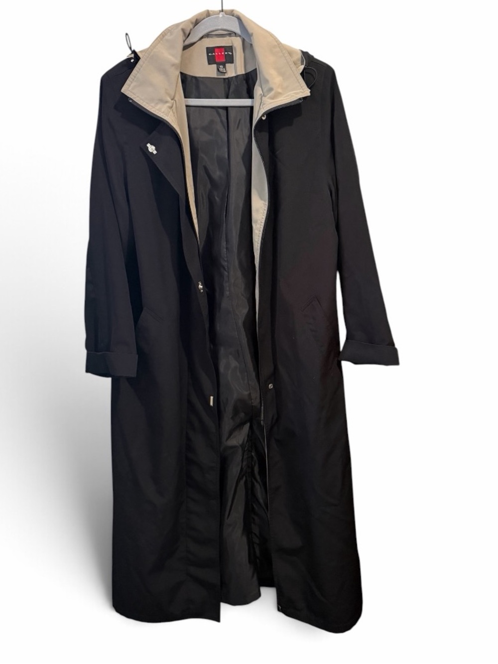 Gallery Full Length Maxi Black Trench Coat with Tan Contrast Size 10